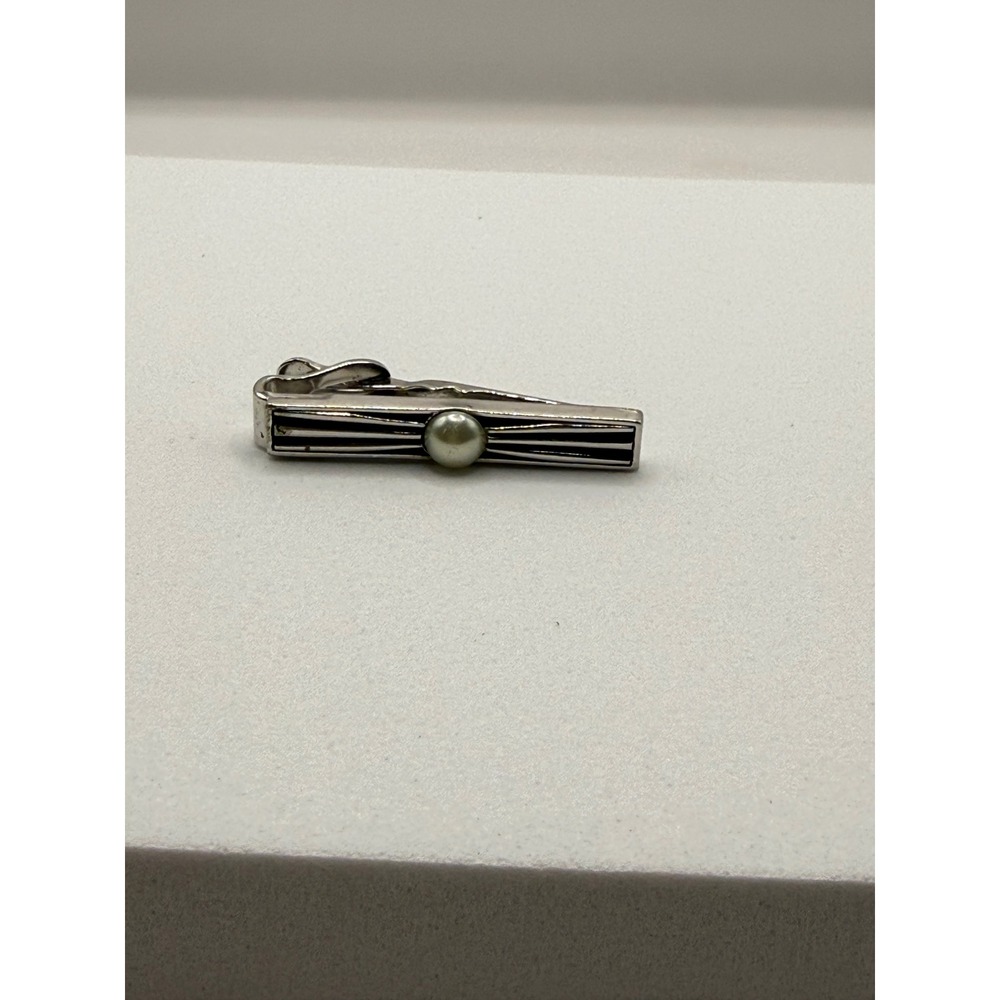 Swank Vintage Tie Clip Set Silver Tone Faux Pearl Art Deco Rope Mid Century 2pc